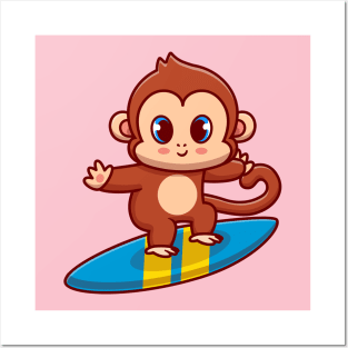 Cute Monkey Surfing Cartoon Posters and Art